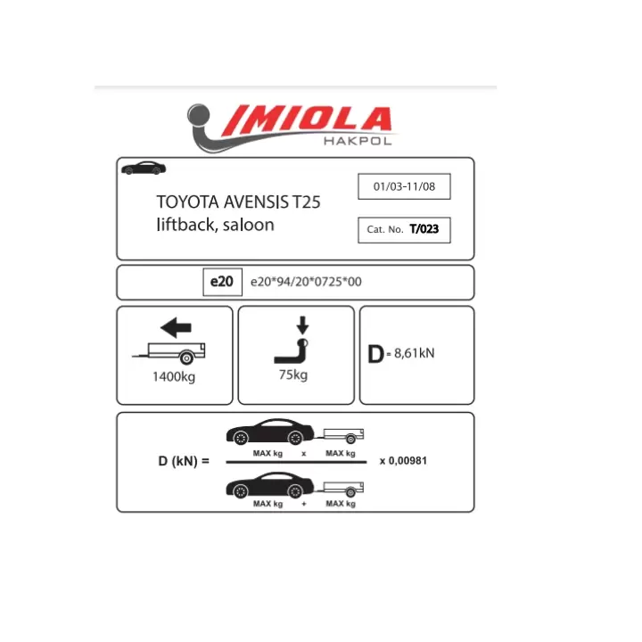 Hakpol-Toyota Avensis Liftback Sedan 01/2003-11/2008 Arası Çeki Demiri