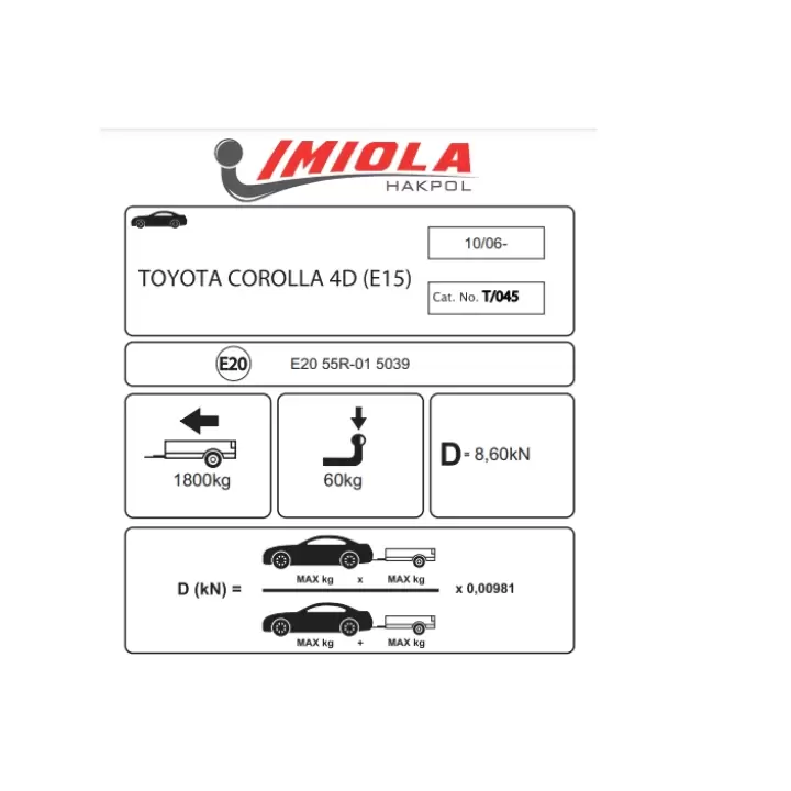 Hakpol-Toyota Corolla Sedan (E15) 10/2006-05/2013 Arası Çeki Demir