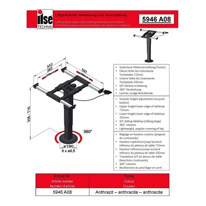 ILSE 5990A08 Sabit Tablalı. Sürgülü Teleskopik Masa Ayağı