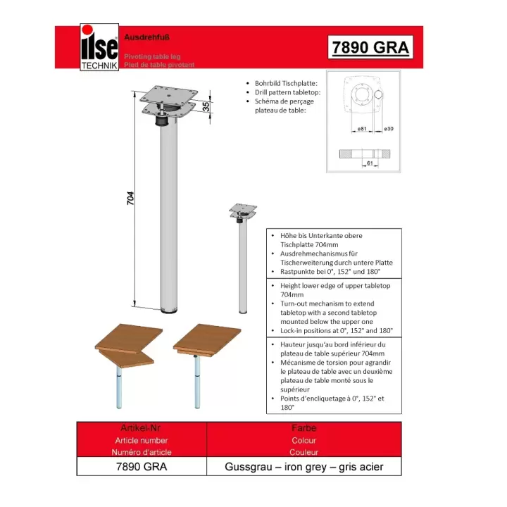 ILSE 7890GRA Döner Tip Masa Ayağı