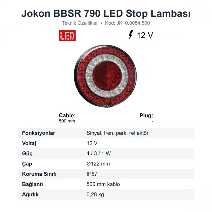 Jokon BBSR 790 LED Karavan Stop Lambası Ø122 mm 12V Sinyal-Fren-Park-Reflektör (JK10.0054.800)