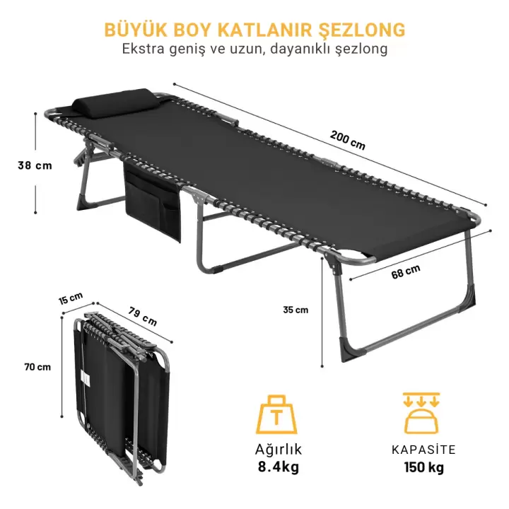 KingCamp Bavaria XL 4 Kademeli Katlanır Şezlong Black