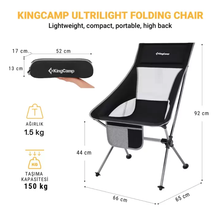 KingCamp Canna High Back Ultralight Katlanır Kamp Sandalyesi Black