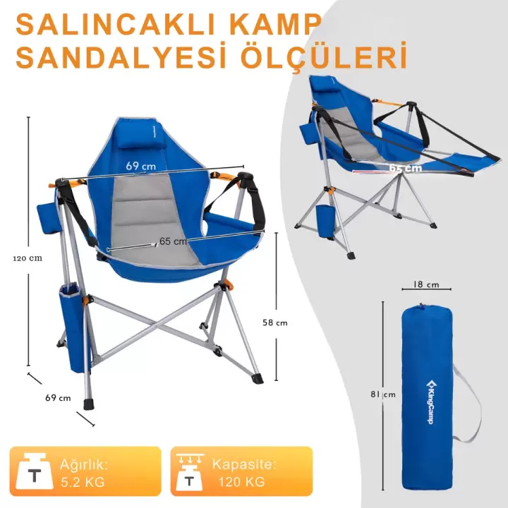 KingCamp Orchid Lux Ayak Dayamalı & Salıncaklı Hamak Kamp Sandalyesi Blue