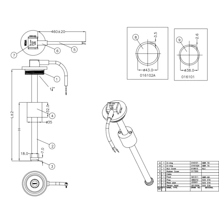 KUS S3 JS61045 20cm 0-190ohm Yakıt ve Su Tankı Seviye Şamandırası