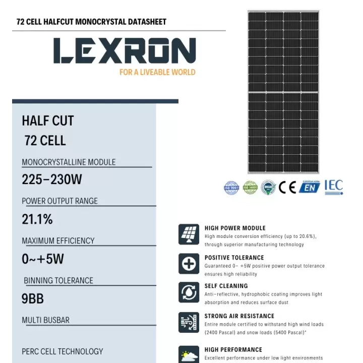 Lexron 230 Watt 72 Hücre Monokristal PERC Half Cut Güneş Paneli