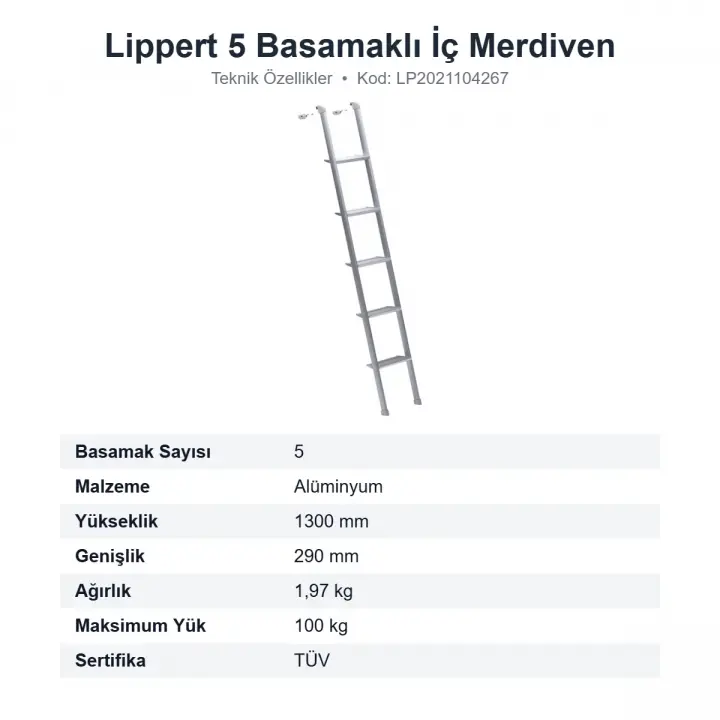 Lippert 5 Basamaklı Alüminyum Karavan İç Mekan Merdiveni 130 cm (LP2021104267)