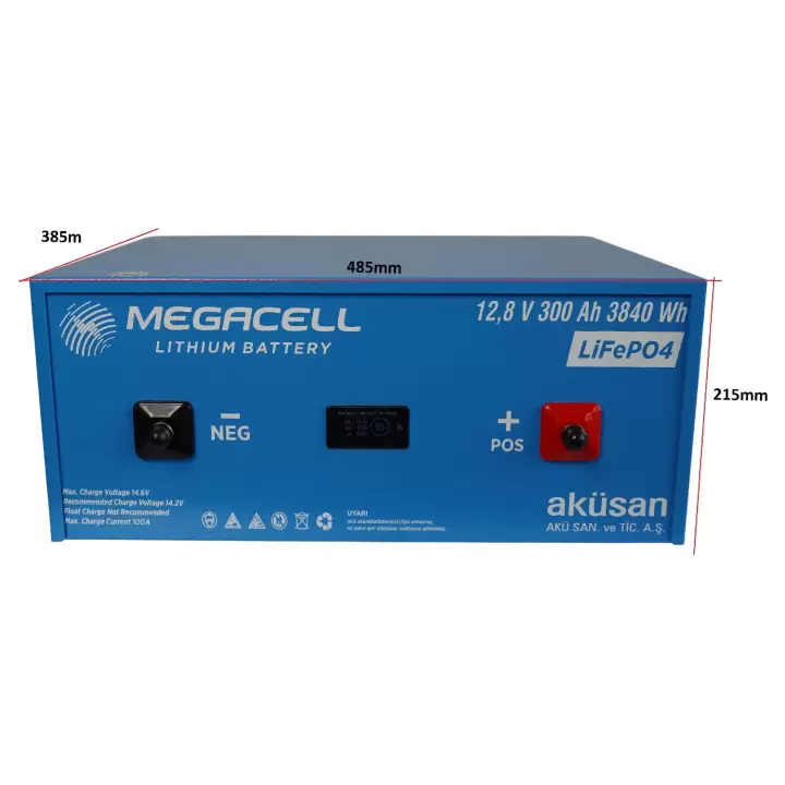 MEGACELL-LiFePO4 Metal Kasa Bluetooth 12,8V 300Ah Lityum Demir Fosfat Akü