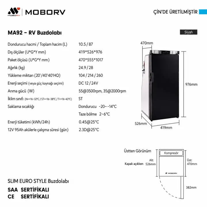 MoboRv MA92 87L 12V/24V Kompresörlü Karavan Buzdolabı