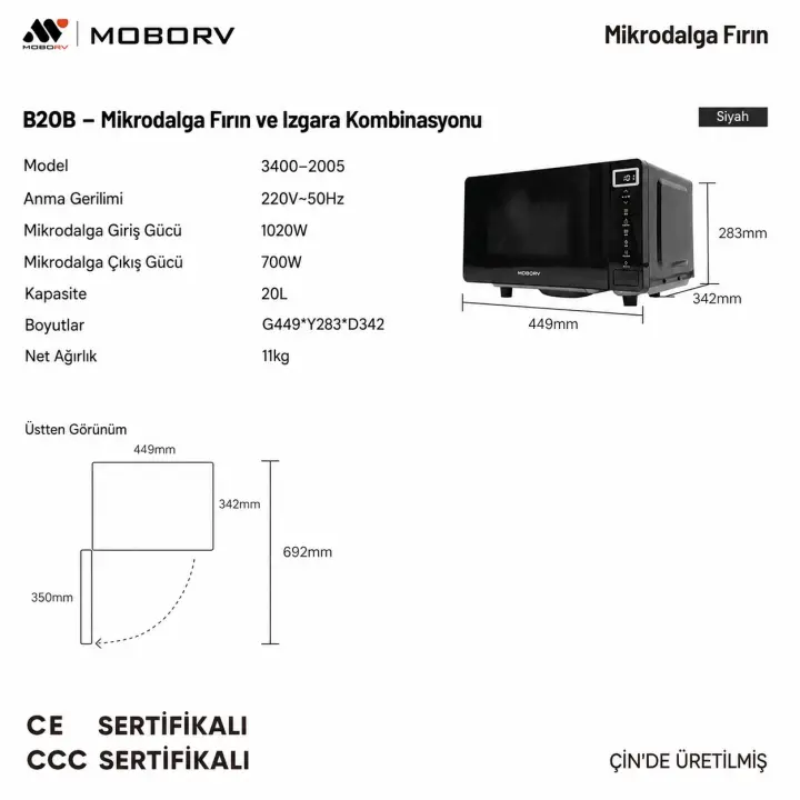 MoboRv B20B 20L Siyah Ankastre Uyumlu Karavan Mikrodalga Fırın