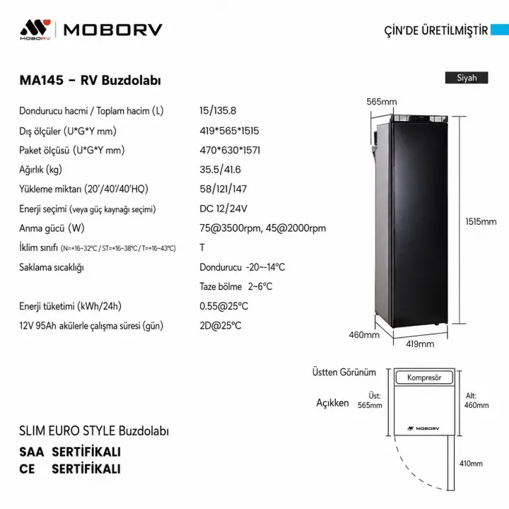 MoboRv MA145 135L 12V/24V Kompresörlü Karavan Buzdolabı