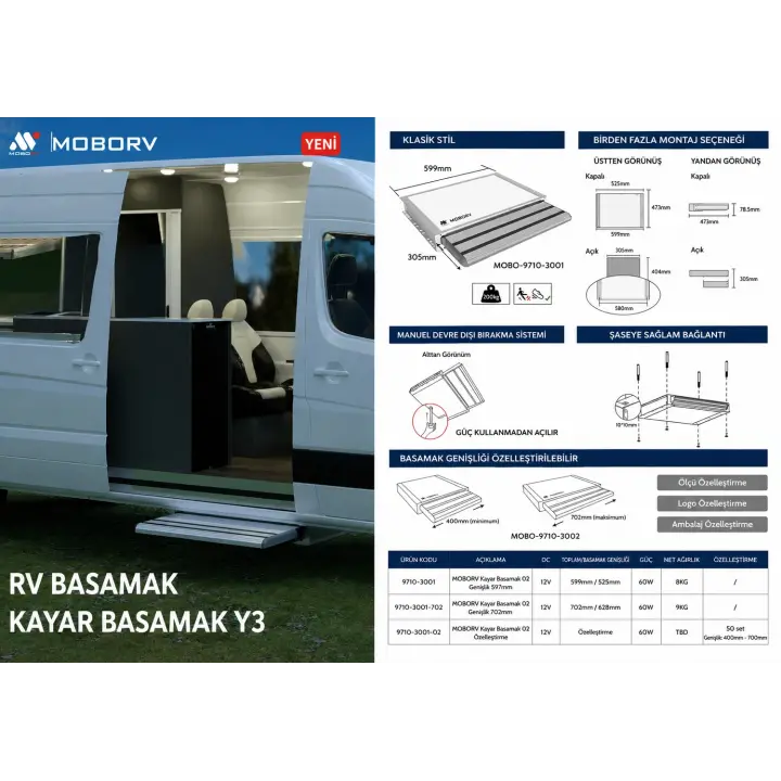 MoboRv Y3 599mm 12v İnce Gövde, Manuel Acil Açma Kayar Elektrikli Karavan Basamağı