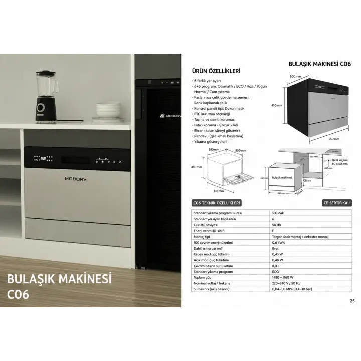 MoboRv C06 220v Ankastre veya Tezgah Üstü PTC Kurutmalı Karavan Bulaşık Makinesi