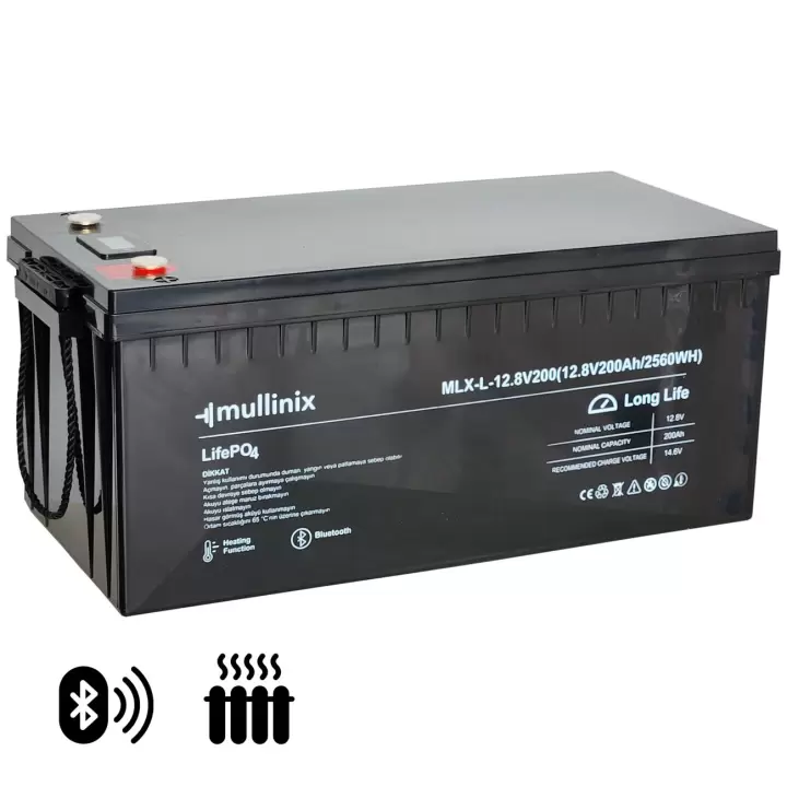 Mullinix 12V 200Ah 6000 Döngü Isıtmalı ve Bluetooth Lifepo4 Lityum Akü