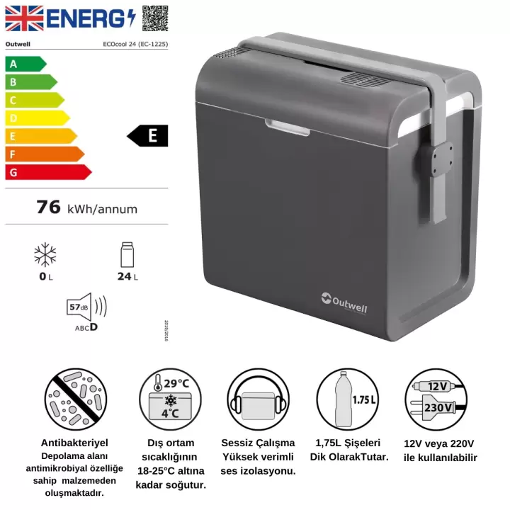 Outwell ECOcool 24 Litre 12V/220V Portatif Soğutucu Grey