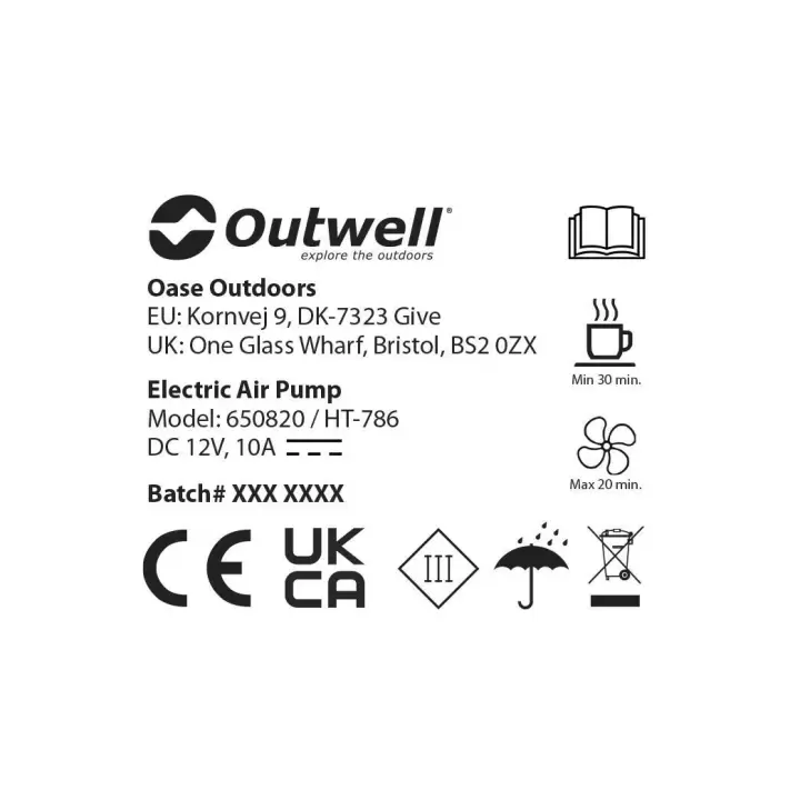 Outwell Squall Tent Pump 12V Şişirilebilir Çadır Pompası