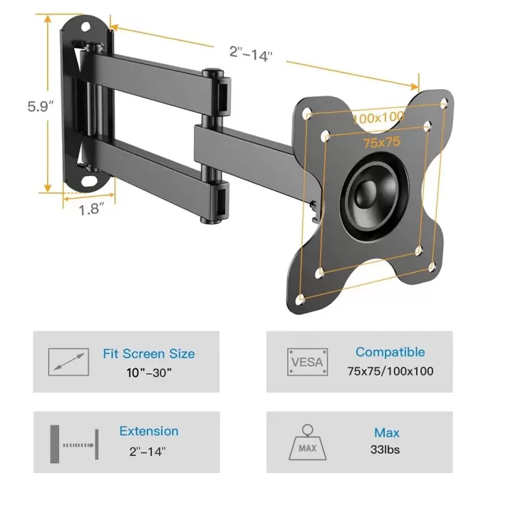 Perlesmıth 10"-30" Çift kollu 5-36cm Uzayabilen Karavan Tv Askı Aparatı