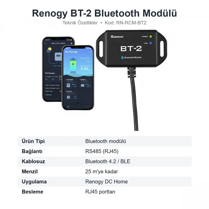 Renogy BT-2 Bluetooth Modülü RS485 Solar Şarj Cihazı ve Akü İzleme (RN-RCM-BT2)