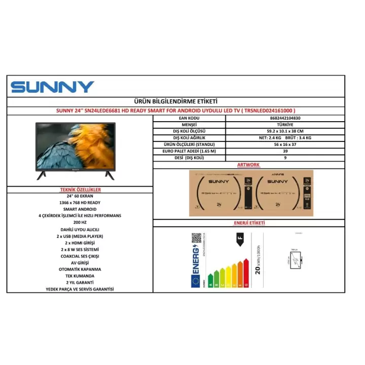 Sunny SN24LEDE6681 24" 61 Ekran 12V Uydu Alıcılı Android Smart LED TV