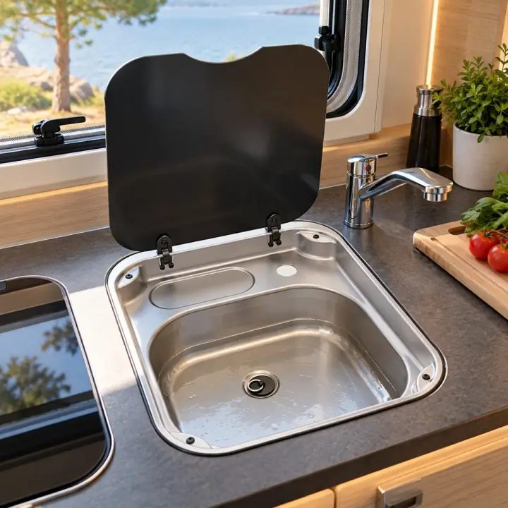 Thetford Basic Line 34 Cam Kapaklı Kare Karavan Eviyesi 7,5 L Paslanmaz (TFSBL3450-SP)