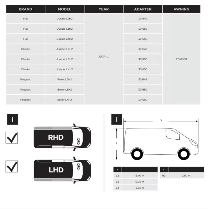 Thule 6300 L2H2 Ducato Jumper Boxer 2007 ve sonrası Tente Montaj Braket Seti