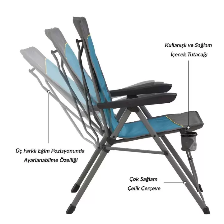 Uquip Justy XL 3 Pozisyonlu Konforlu Katlanır Kamp Sandalyesi Boulder