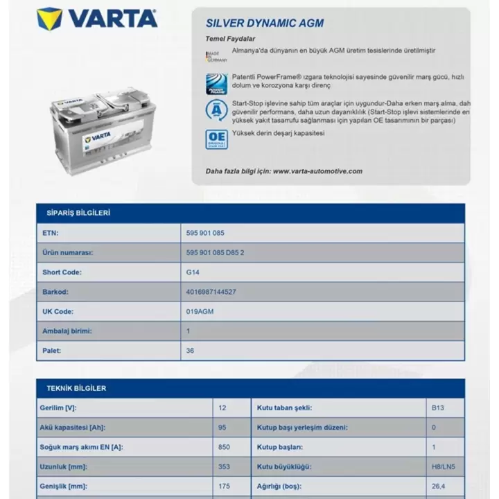 Varta G14 Silver Dynamic 12V 95AH Karavan Marin AGM Akü