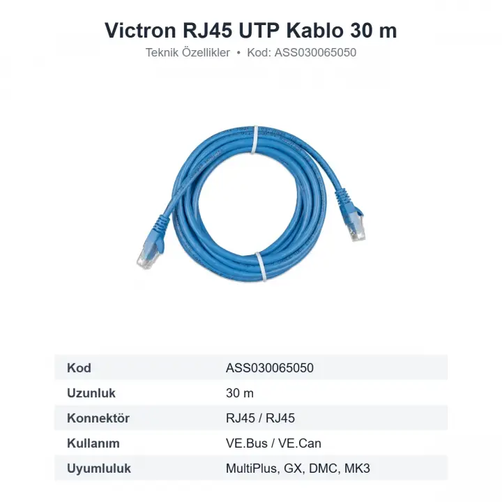 Victron RJ45 UTP Kablo 30 m VE.Bus / VE.Can Haberleşme Kablosu Çift Uçlu RJ45