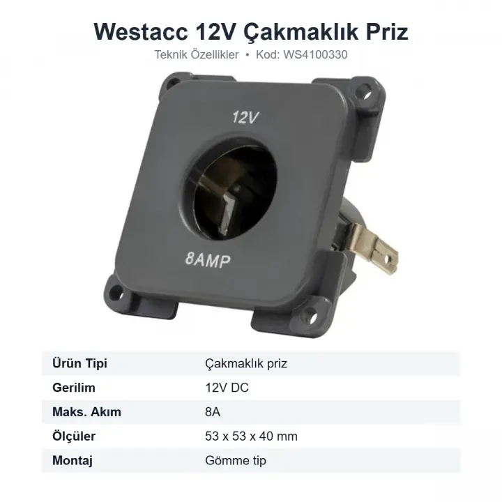 Westacc 12V Karavan Çakmaklık Priz 8A 53x53 mm Gömme Tip (WS4100330)