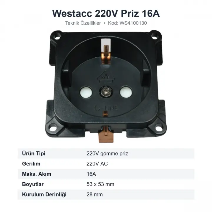 Westacc 220V Karavan İç Mekan Prizi 16A 53x53 mm Gömme Tip (WS4100130)