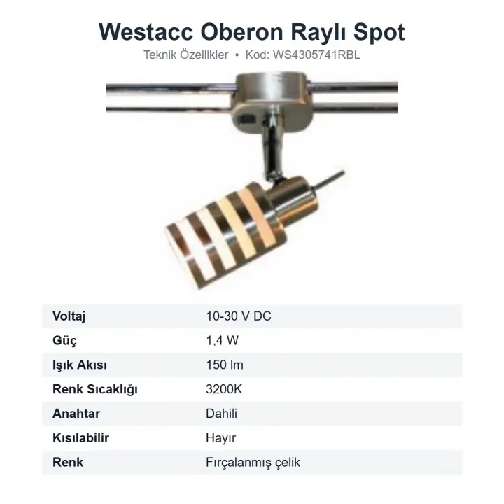 Westacc Oberon Raylı Spot Lamba Anahtarlı 10-30V LED 150 lm (WS4305741RBL)