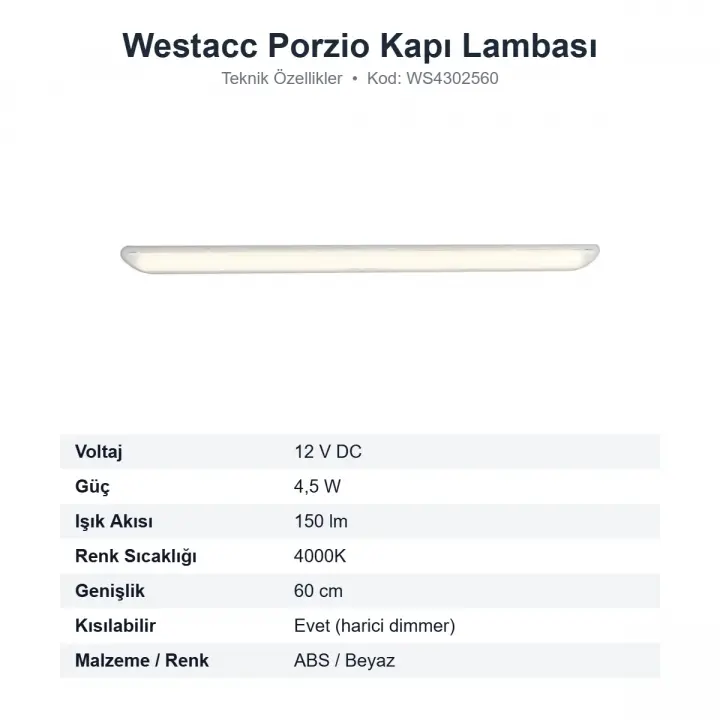 Westacc Porzio 12V LED Karavan Kapı Lambası 60 cm 150 lm Kısılabilir (WS4302560)