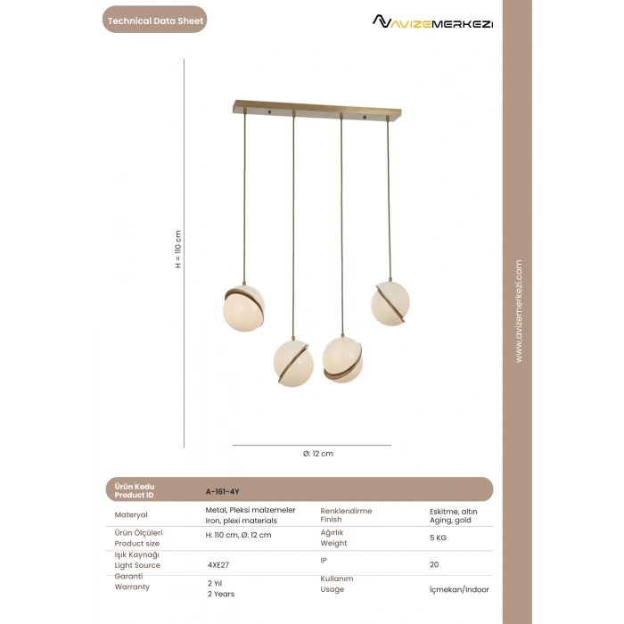 4LÜ ESKİTME SIRALI AVİZE A-161-4Y