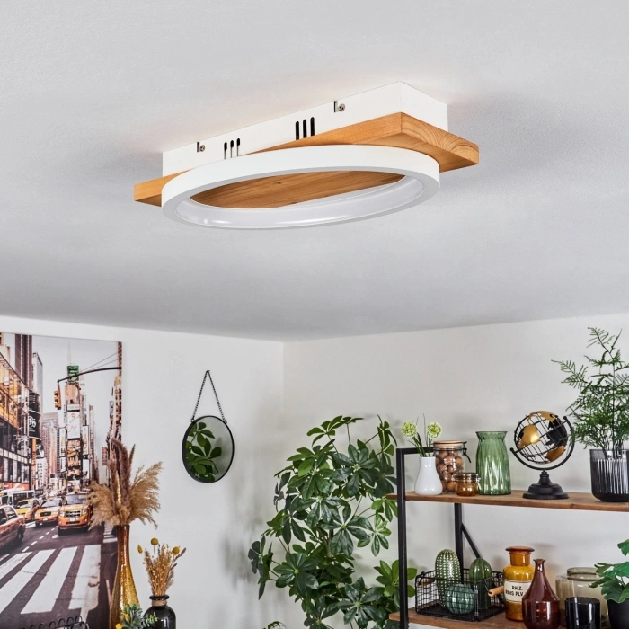 AW-4370-1B Doğal Ahşap Tekli Beyaz Çember Plafonyer