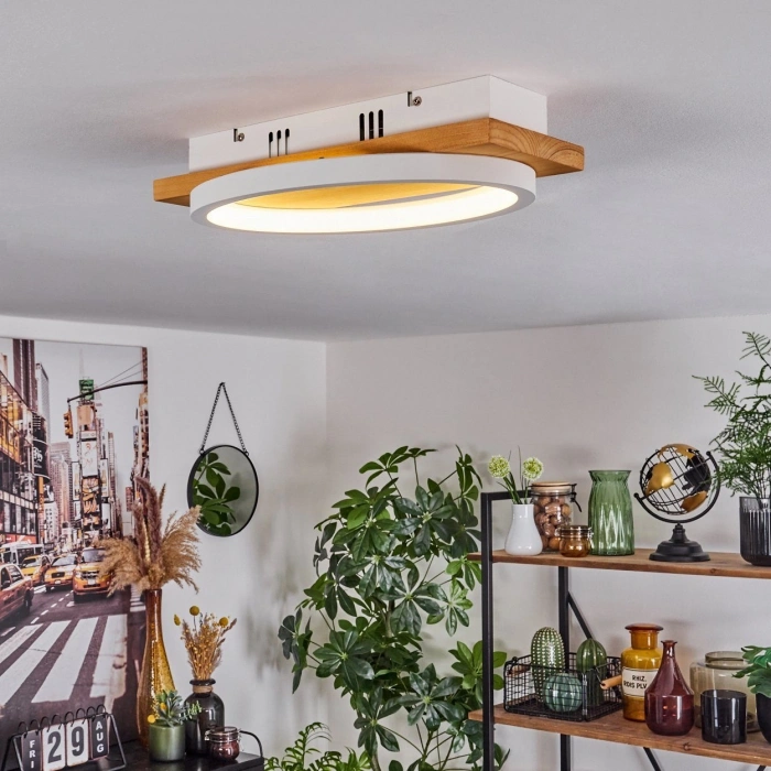 AW-4370-1B Doğal Ahşap Tekli Beyaz Çember Plafonyer