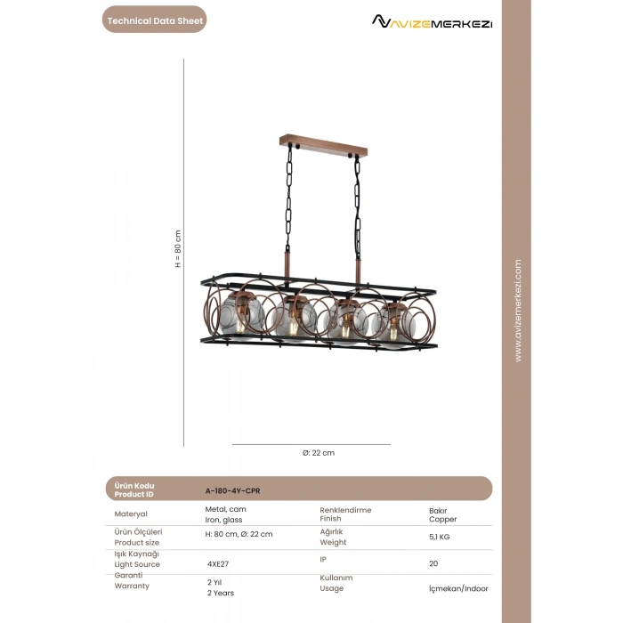 A-180-4Y-CPR Bakır Avize