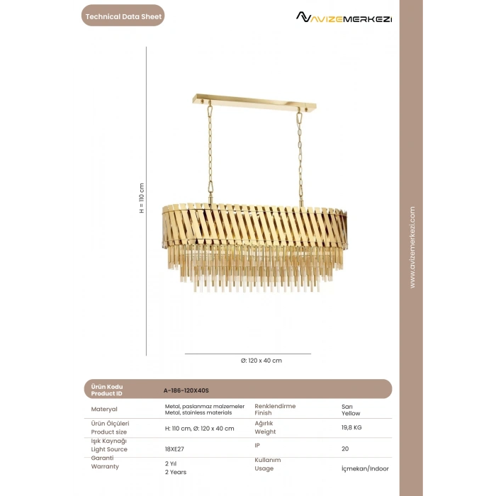 A-186-120X40S Sarı Kaplama Modern Avize