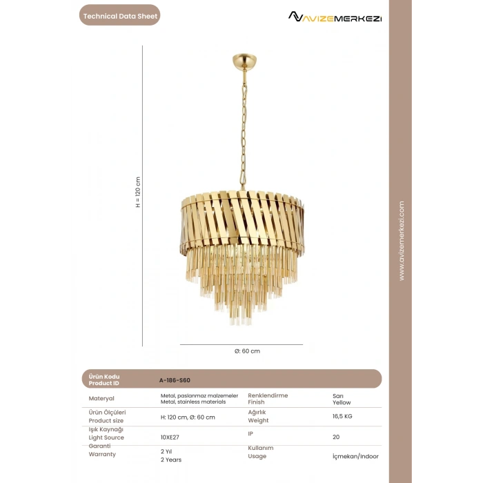 A-186-S60 Sarı Kaplama Modern Avize