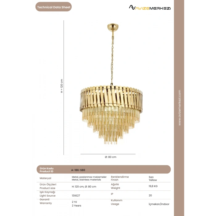 A-186-S80 Sarı Kaplama Modern Avize