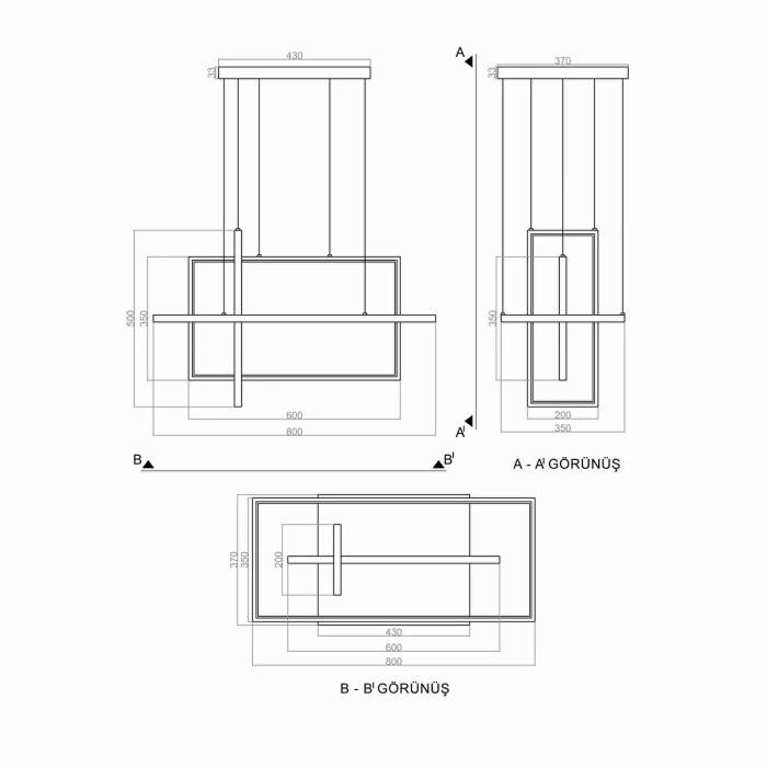 A-3000-3S Dikdörtgen Siyah Sarkıt Avize