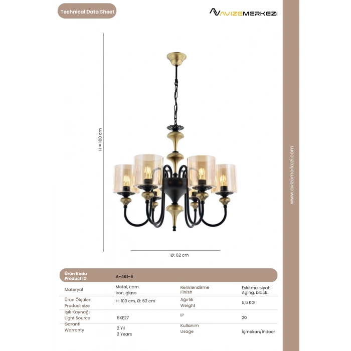 ALTILI SİYAH AVİZE A-461-6