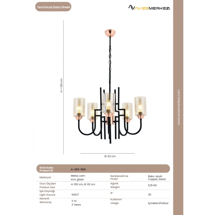 BEŞLİ ROSE GOLD AVİZE A-463-5RG