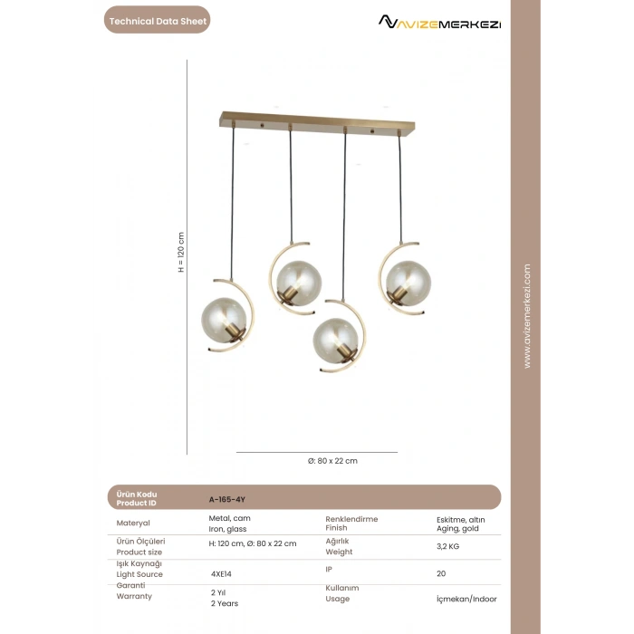 DÖRTLÜ SIRALI ESKİTME AVİZE A-165-4Y
