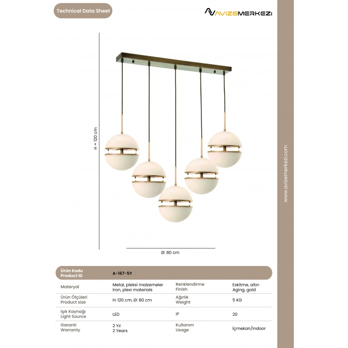 LEDLİ BEŞLİ SIRALI AVİZE A-167-5Y