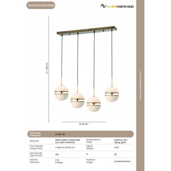 LEDLİ DÖRTLÜ SIRALI AVİZE A-167-4Y