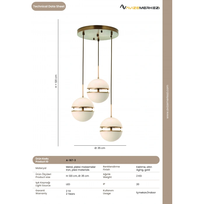 LEDLİ ÜÇLÜ YUVARLAK AVİZE A-167-3