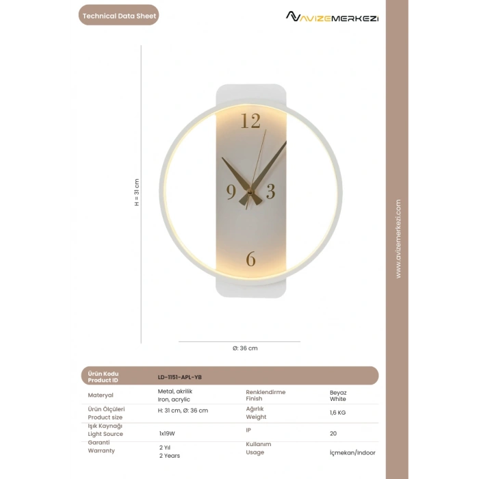 SAATLİ YUVARLAK APLİK LD-1151-APL-YB