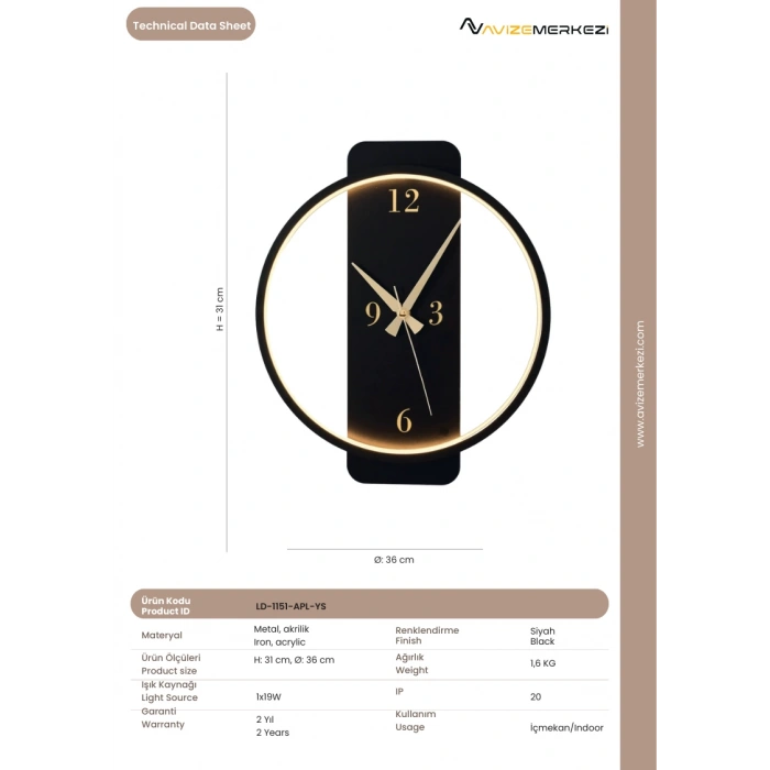 SAATLİ YUVARLAK APLİK LD-1151-APL-YS