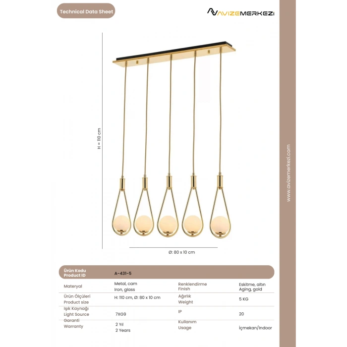 Sarı Kaplama Modern Avize A-431-5Y