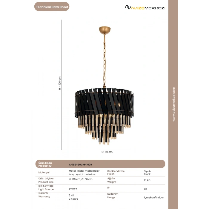 Siyah Boyalı Klasik Avize A-186-60CM